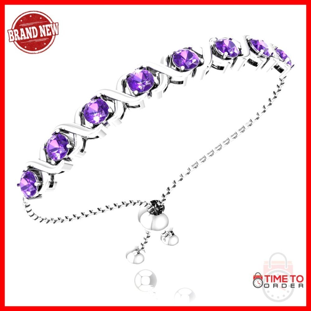 Sterling Silver Bangle Bracelet with Amethyst Gemstones, Adjustable 11"